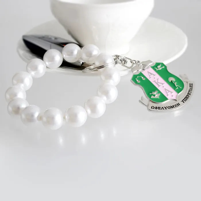 Sorority Pink Green Shield White Pearl Keychain - Fitted To A Tee
