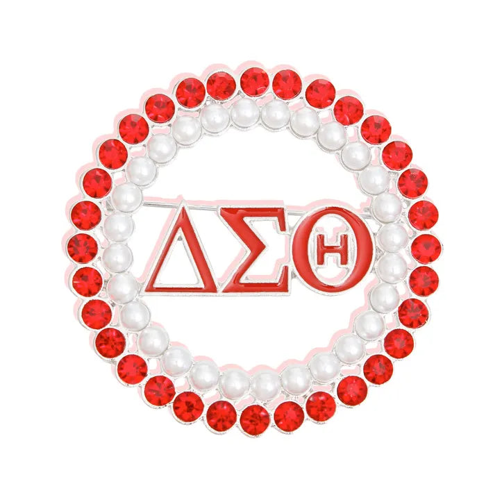 Sorority Red White Pearl Bling Brooch