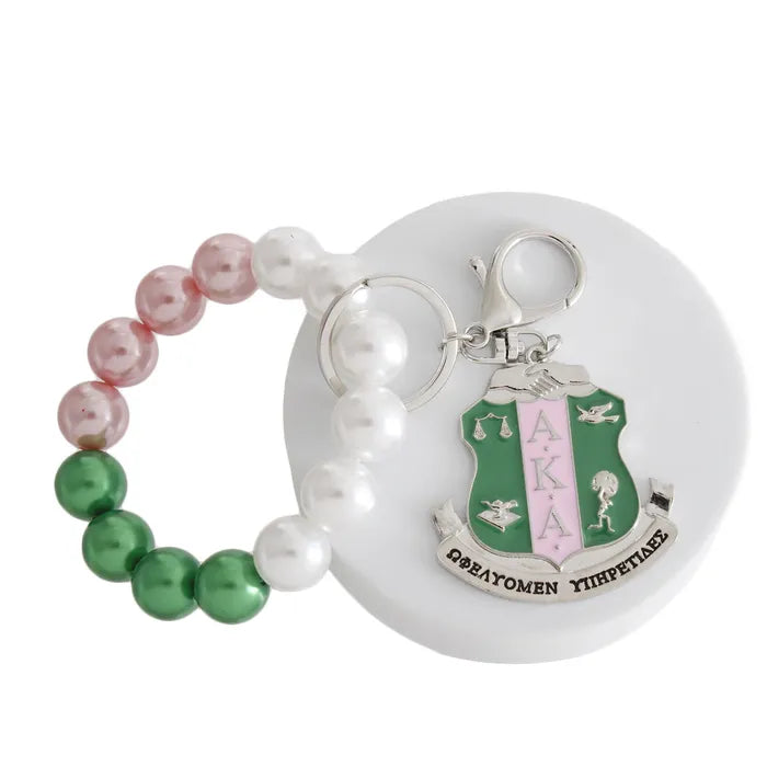 Sorority Pink Green Shield Pearl Keychain - Fitted To A Tee